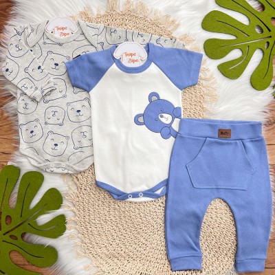 Conj. de Malha 3 peças - Bear - Mescla e Azul